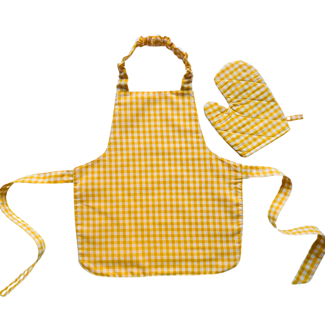 A child’s apron and matching oven mitt set. Pattern is yellow and white gingham.