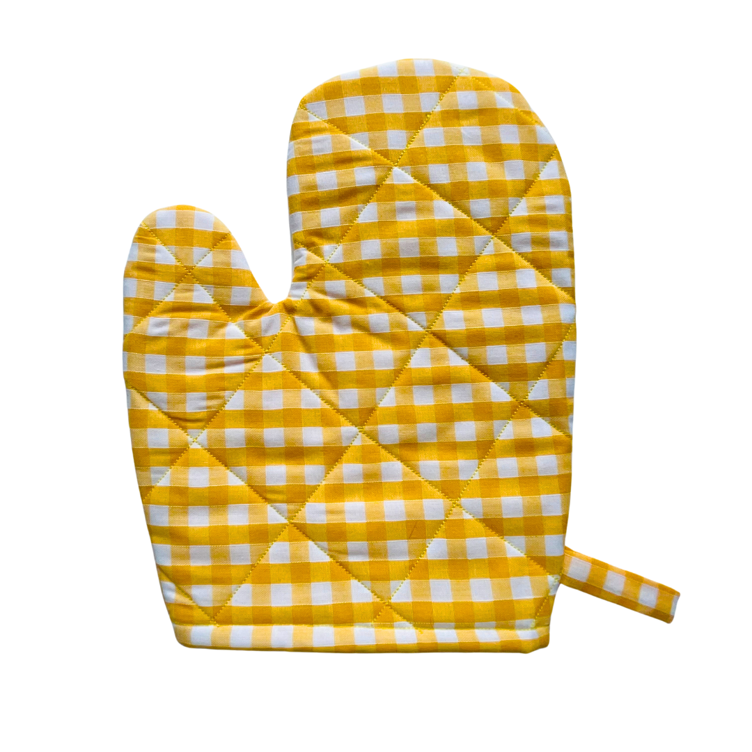 A child’s apron and matching oven mitt set. Pattern is yellow and white gingham.