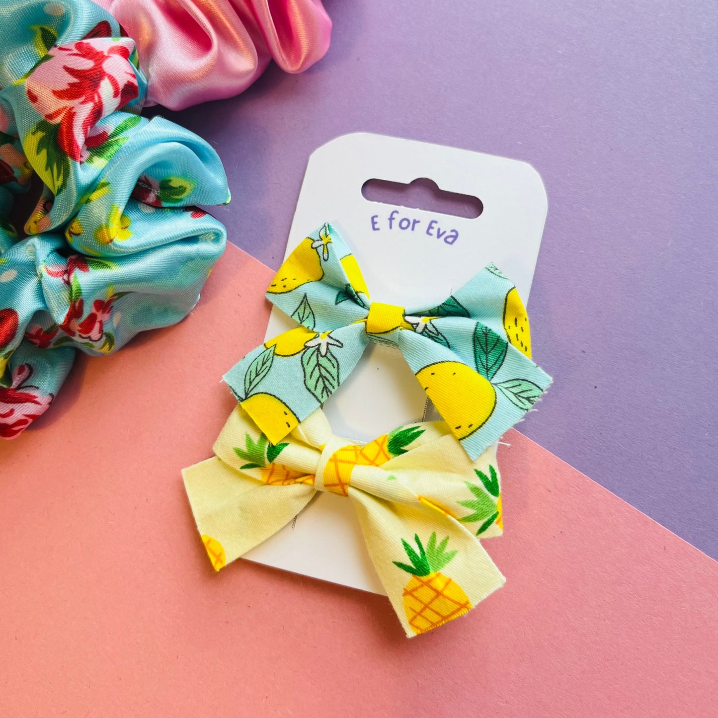 Lemon and Pineapple bow hair clips E for Eva