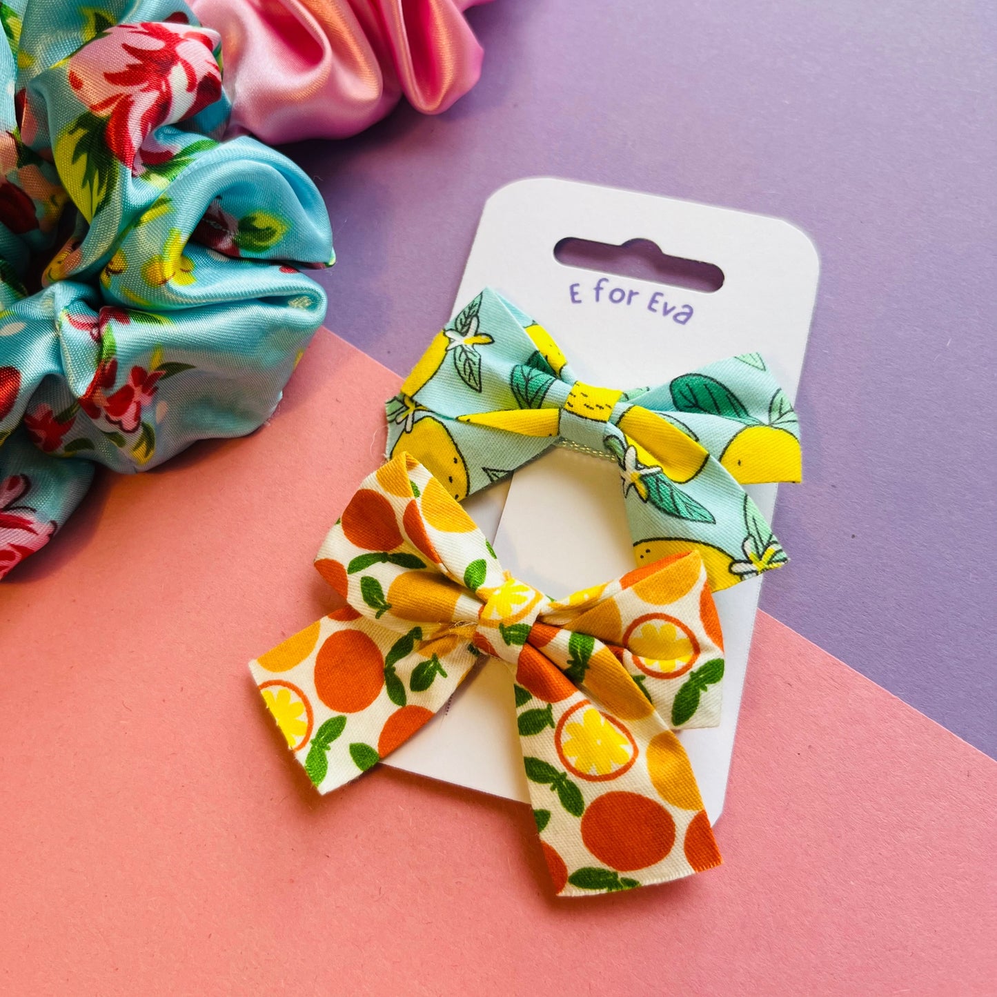 Lemon and Orange bow hair clips E for Eva