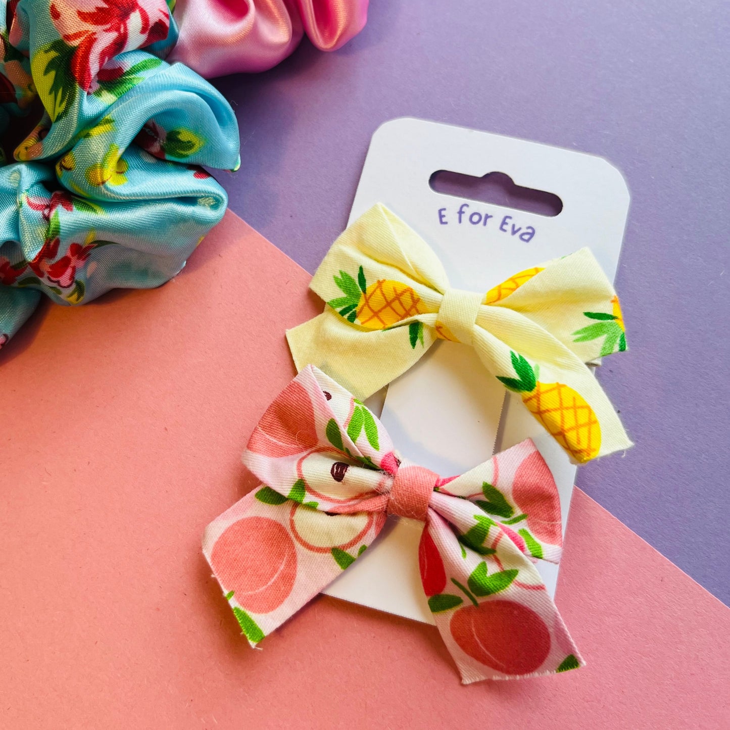 Apple and Pineapple bow hair clips E for Eva