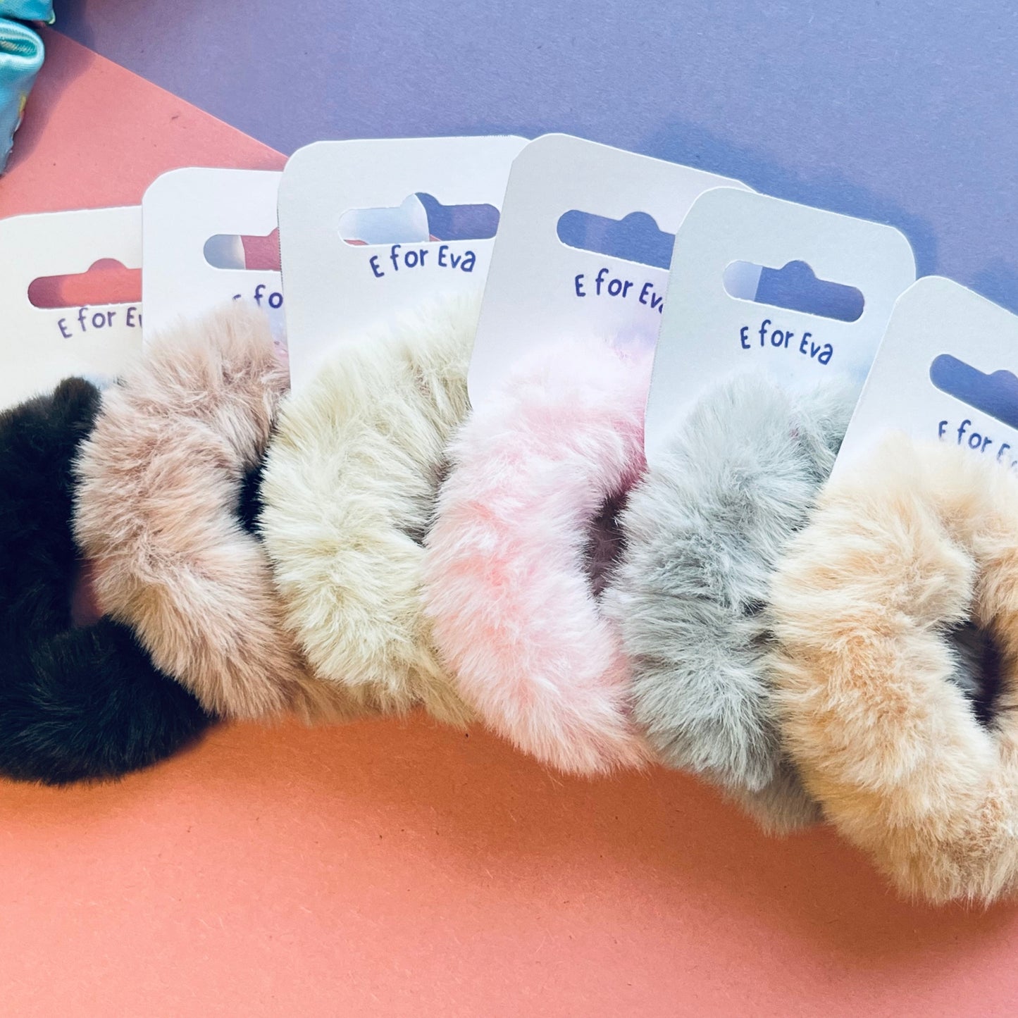Tagged view of faux fur scrunchies