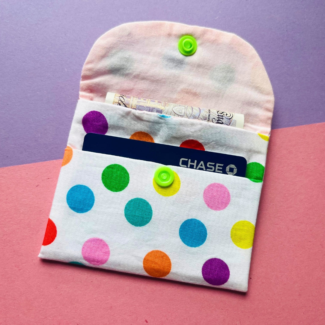 Matching multicoloured spot print purse and key fob wristlet