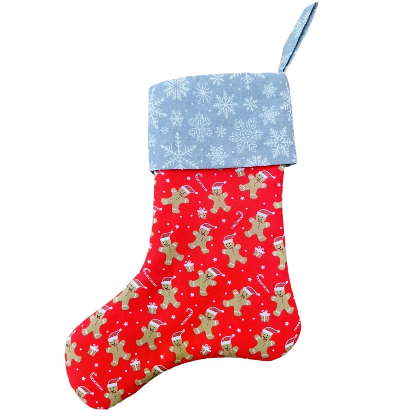 Christmas gingerbread man stocking red silver E for Eva