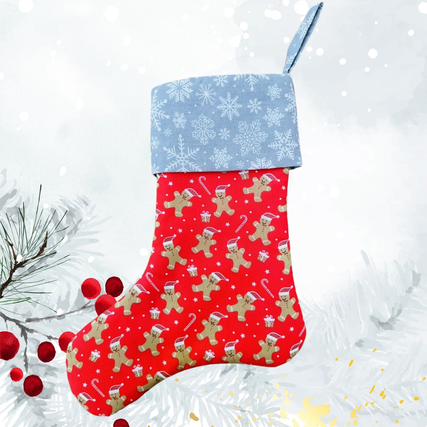 Styled view of gingerbread man stocking red silver christmas E for Eva