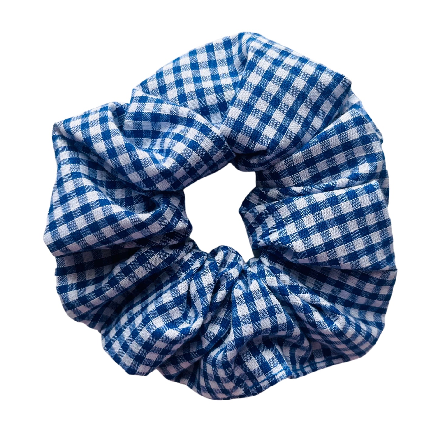 Shot of blue gingham school hair scrunchie E for Eva