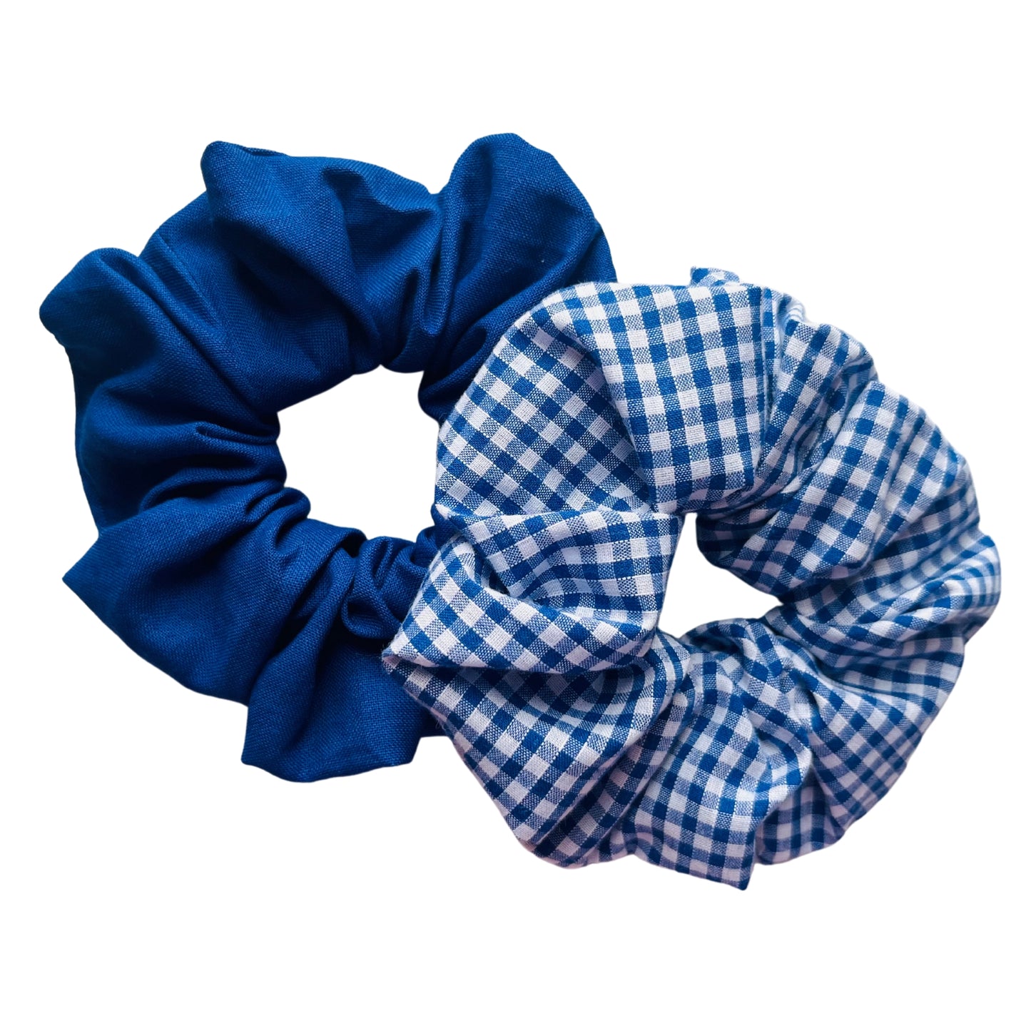 View of blue set of school hair scrunchies E for Eva