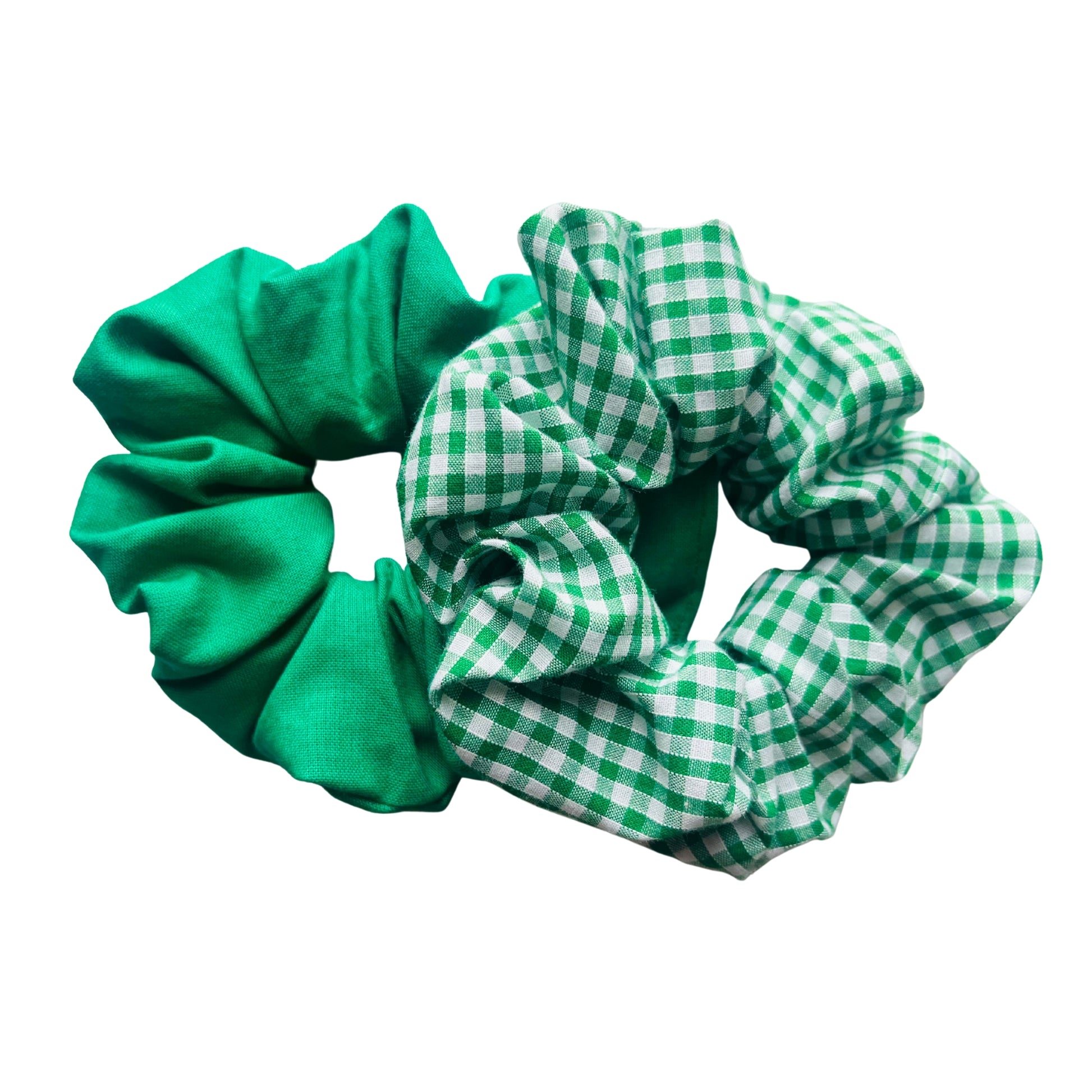 Overview of green school hair scrunchie set E for Eva