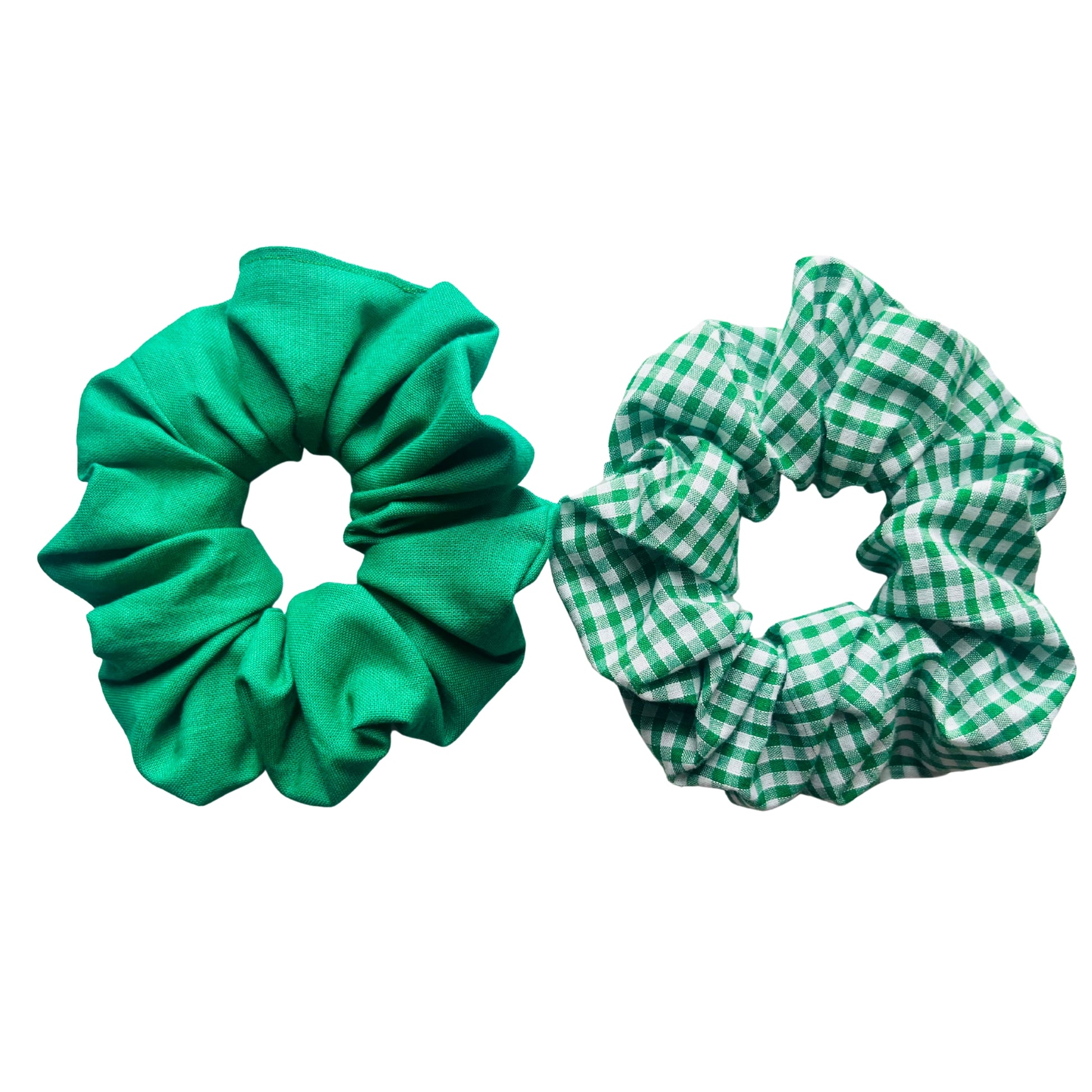 View of green school hair scrunchies E for Eva