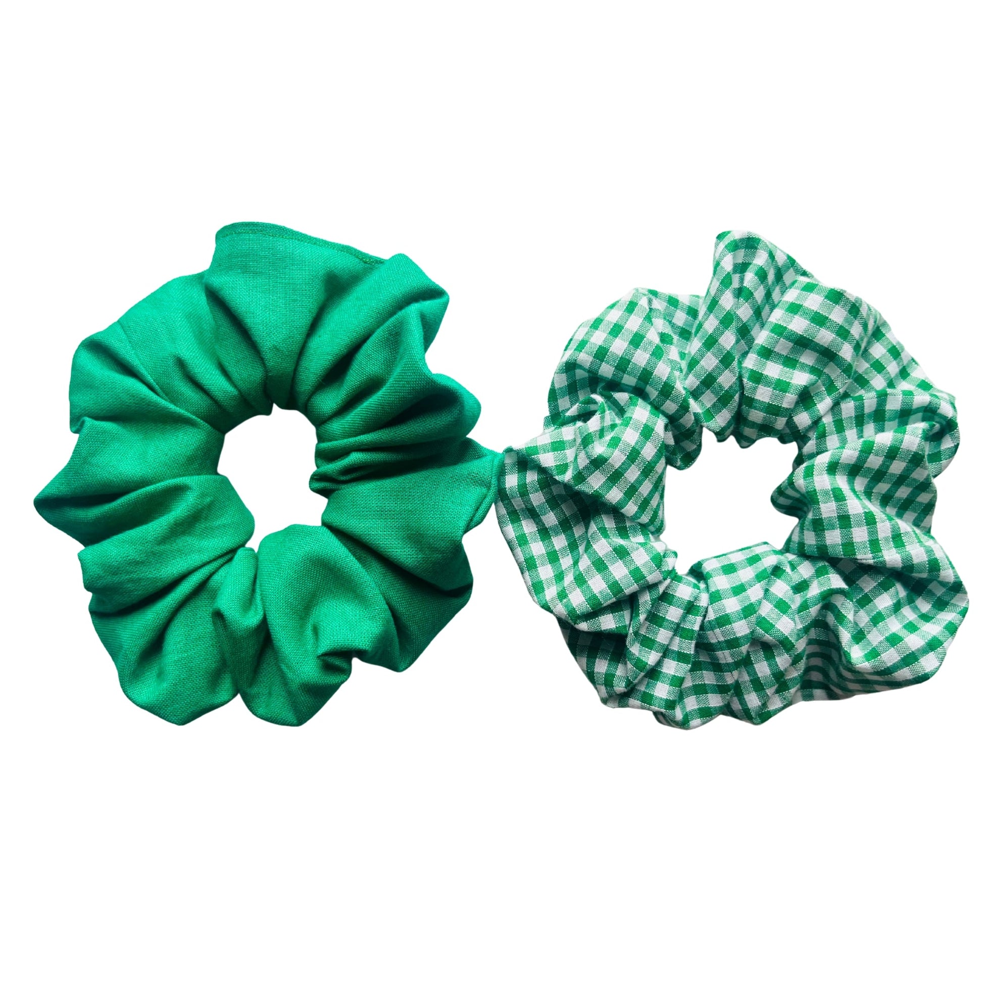 view of green cotton school scrunchies hair E for Eva