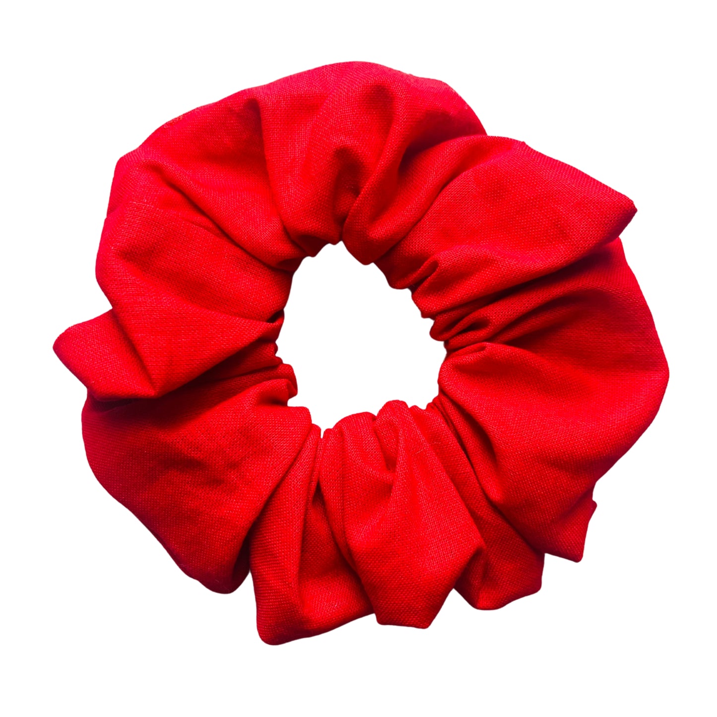 Close up of red cotton school hair scrunchie E for Eva