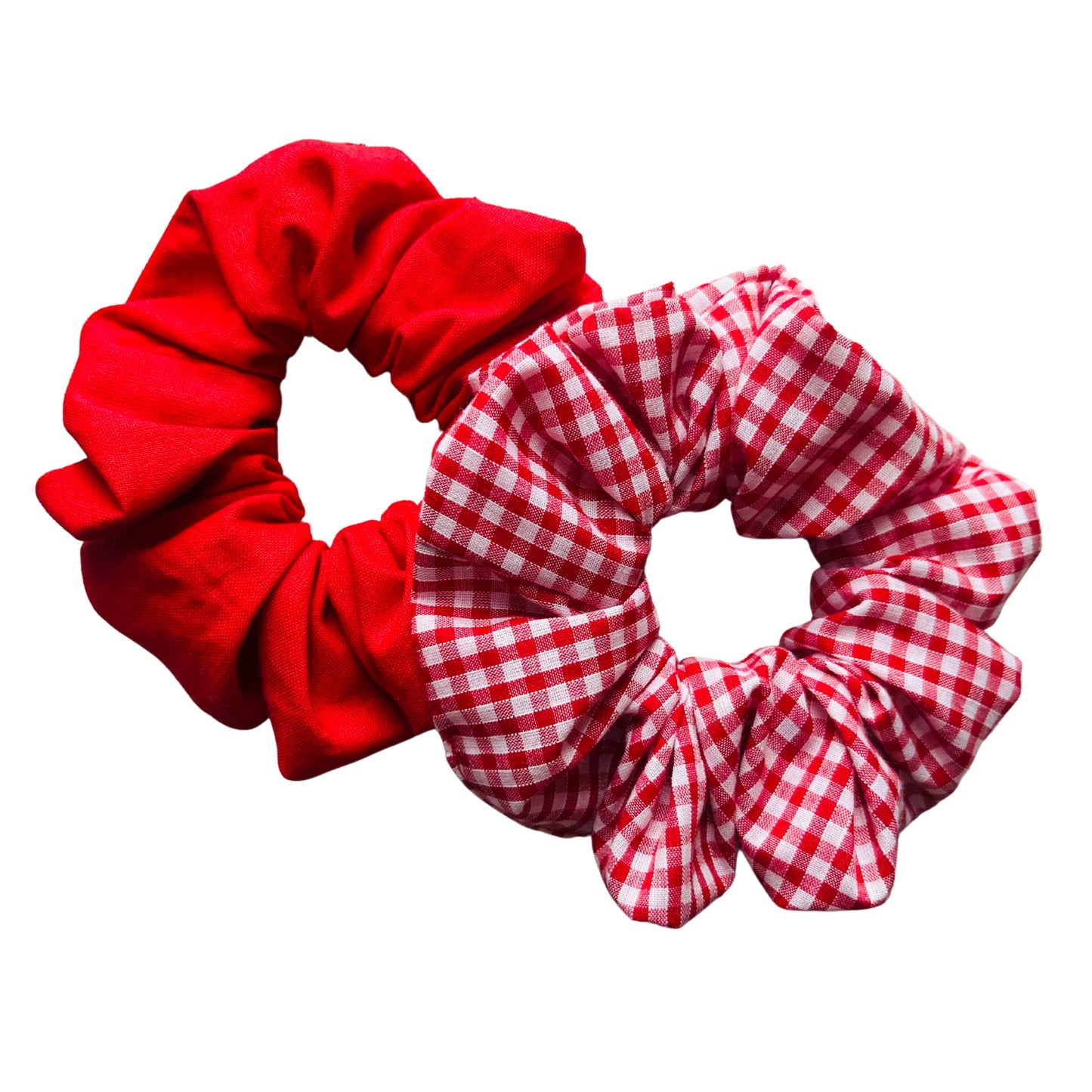 View of red school set of hair scrunchies E for Eva