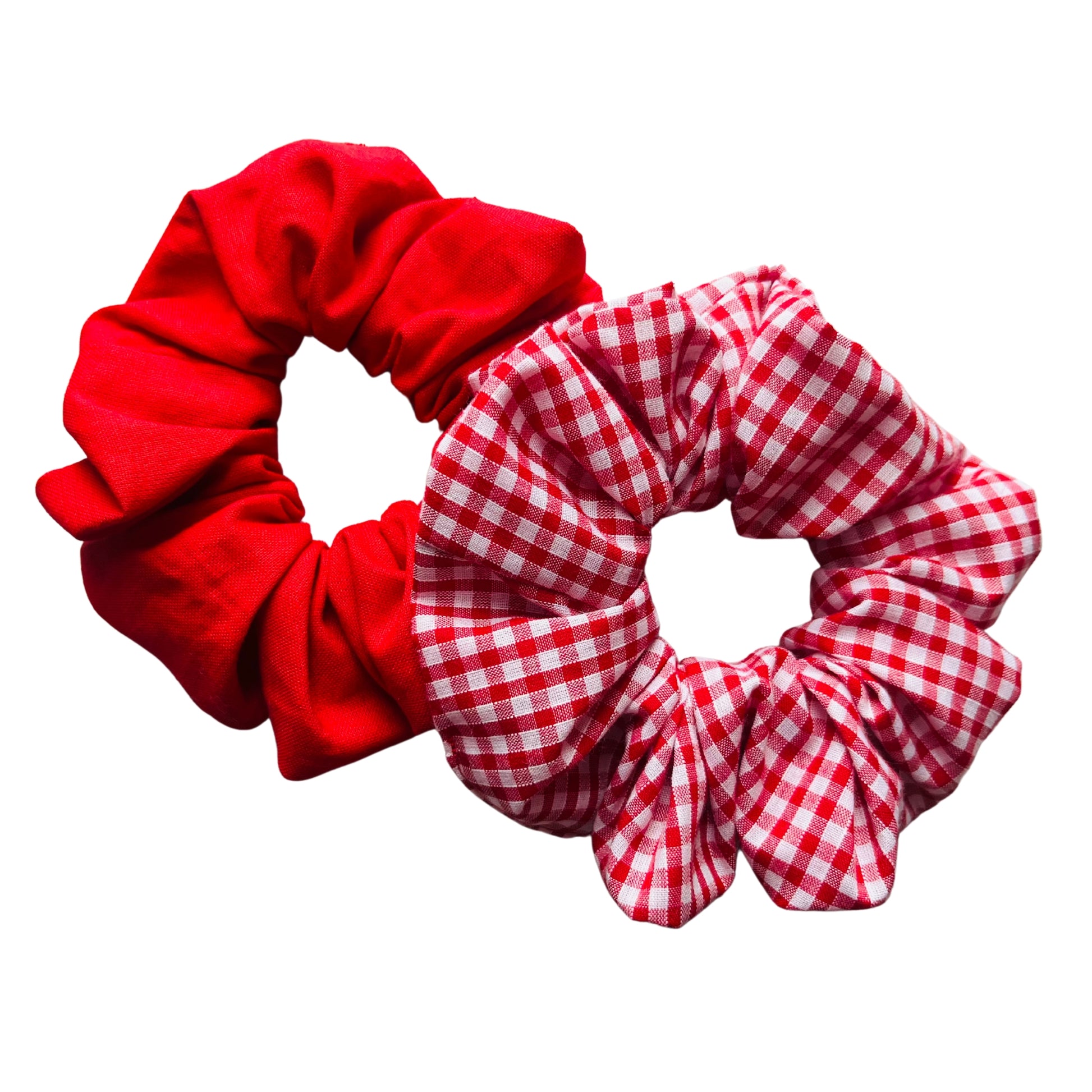 View of red school set of hair scrunchies E for Eva