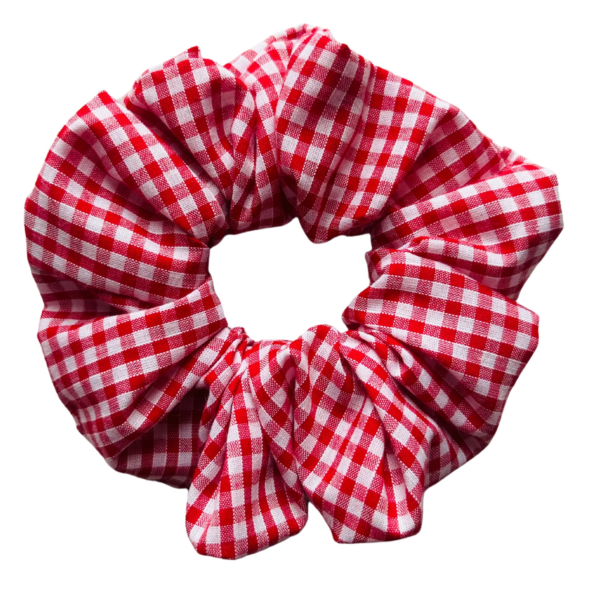 Red gingham school scrunchie E for Eva