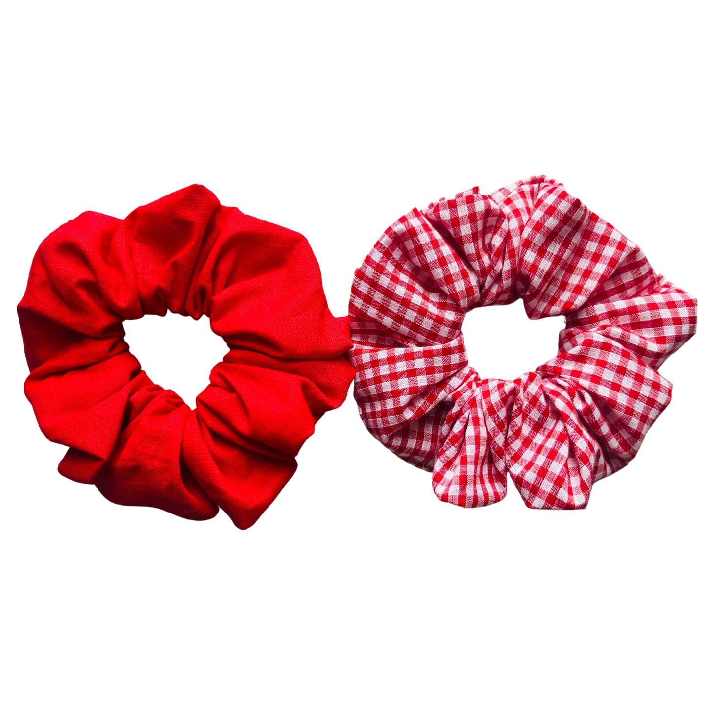 shot of red gingham and plain red scrunchies