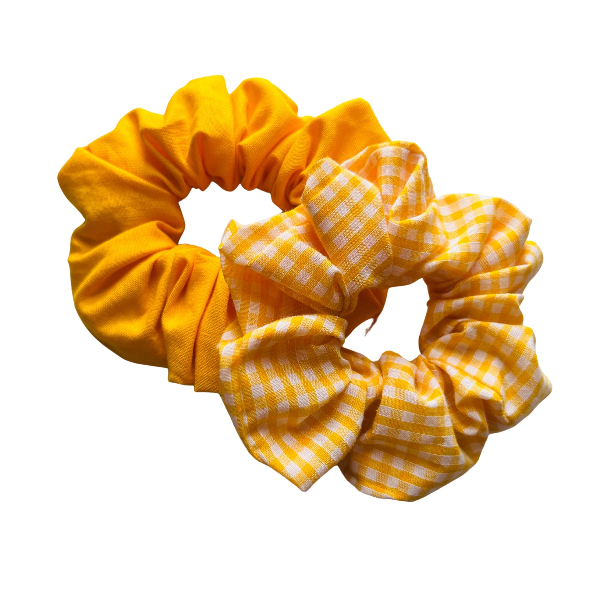 View of yellow set of school cotton scrunchies E for Eva
