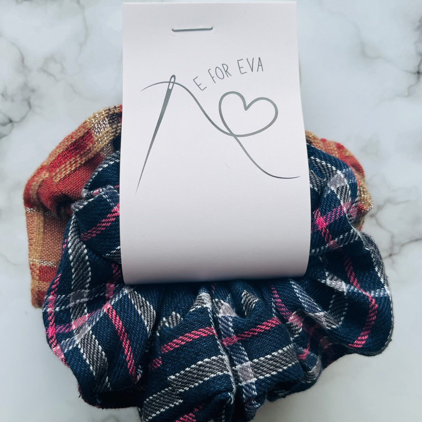 Tagged red and blue tartan hair scrunchies cotton E for Eva