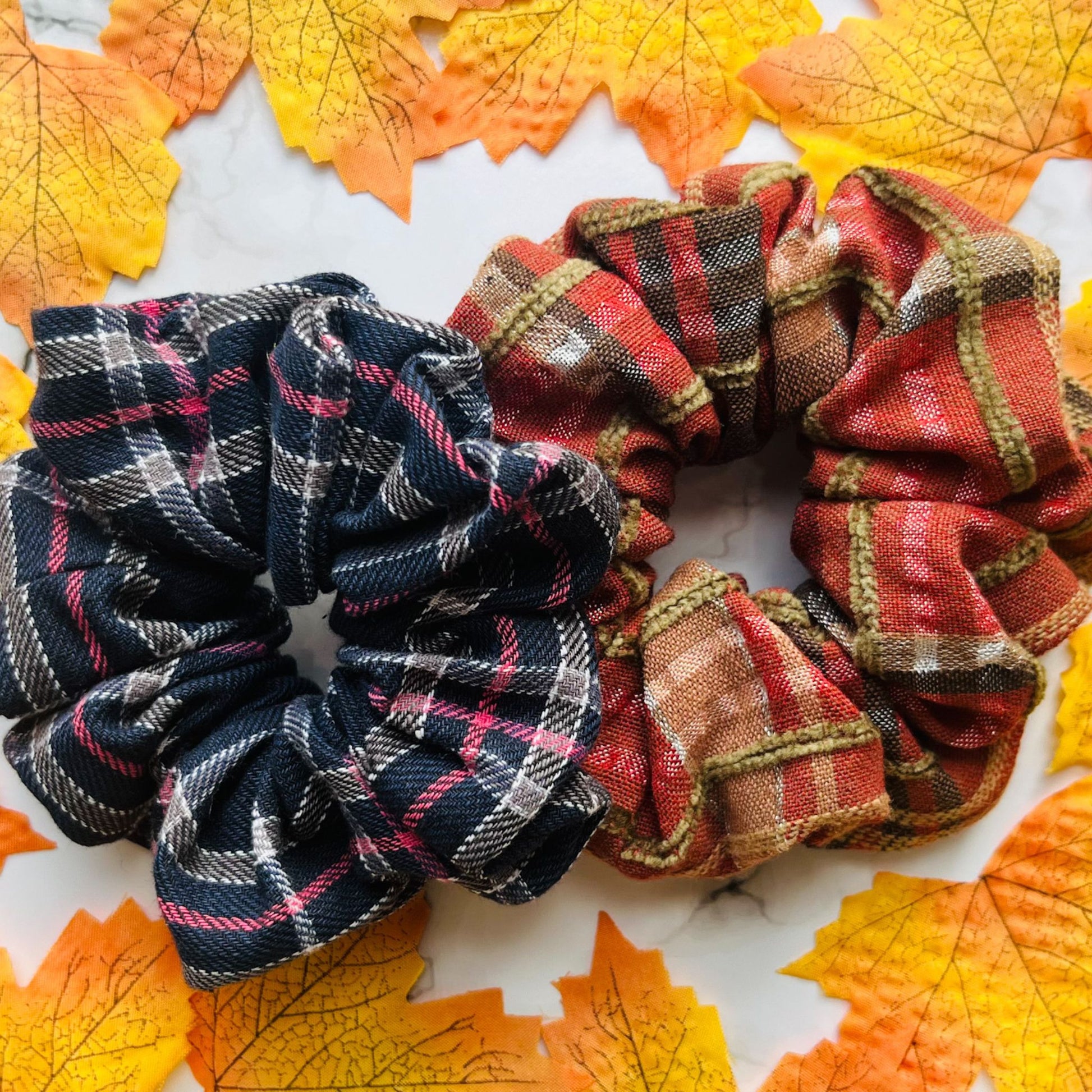 Autumn scenery for blue and red tartan hair scrunchies cotton E for Eva