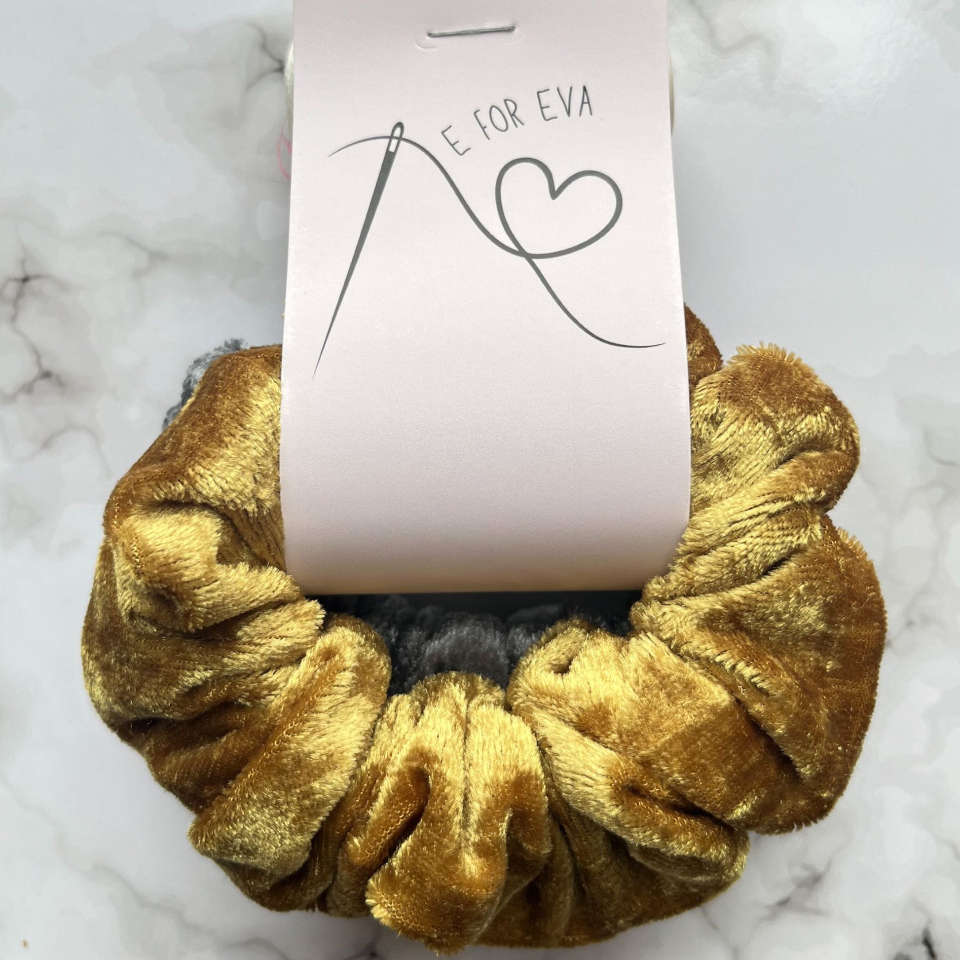 Tagged silver and gold hair scrunchies velvet E for Eva