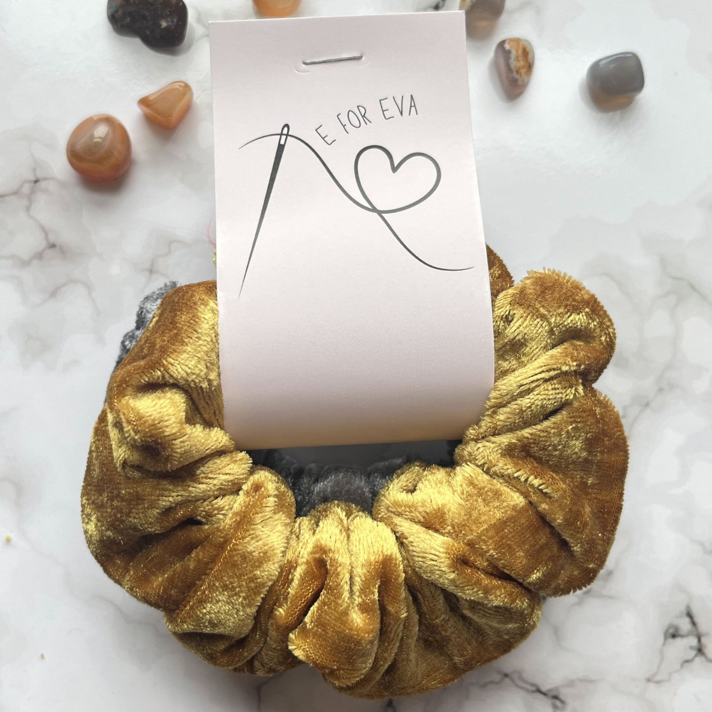 Styled tagged view of gold and silver hair scrunchies velvet E for Eva