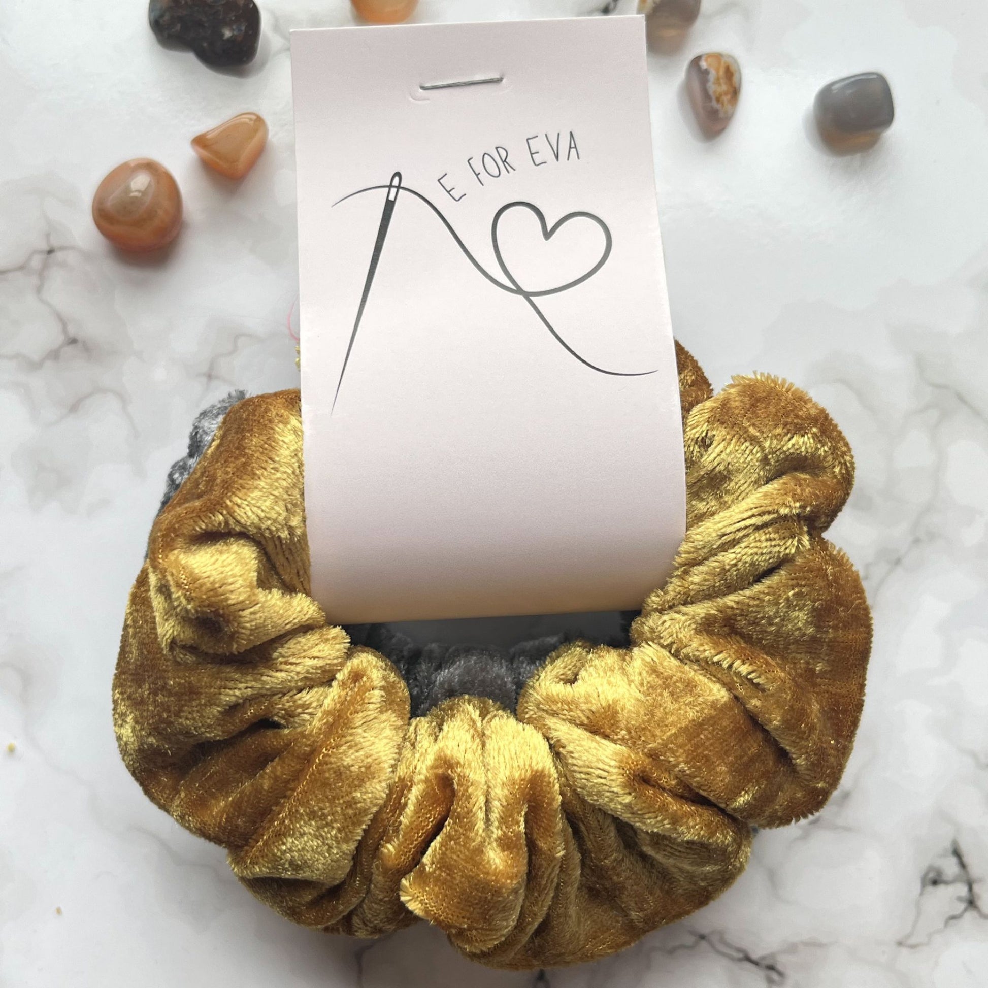 Styled tagged view of gold and silver hair scrunchies velvet E for Eva