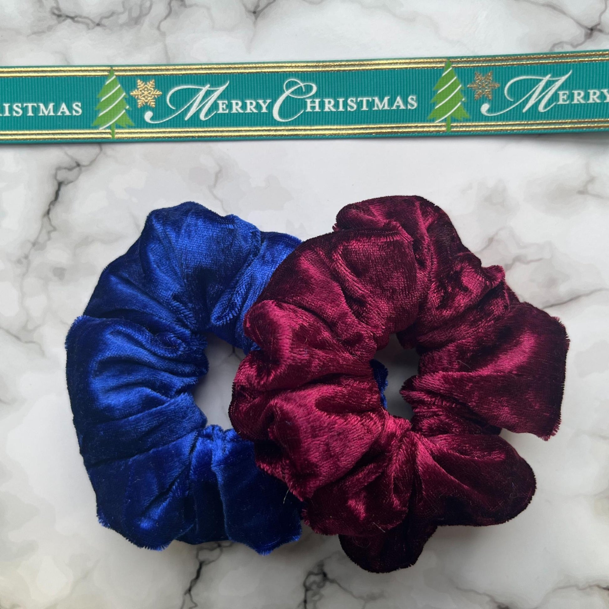 Styled overview of red and blue midnight hair scrunchies velvet E for Eva