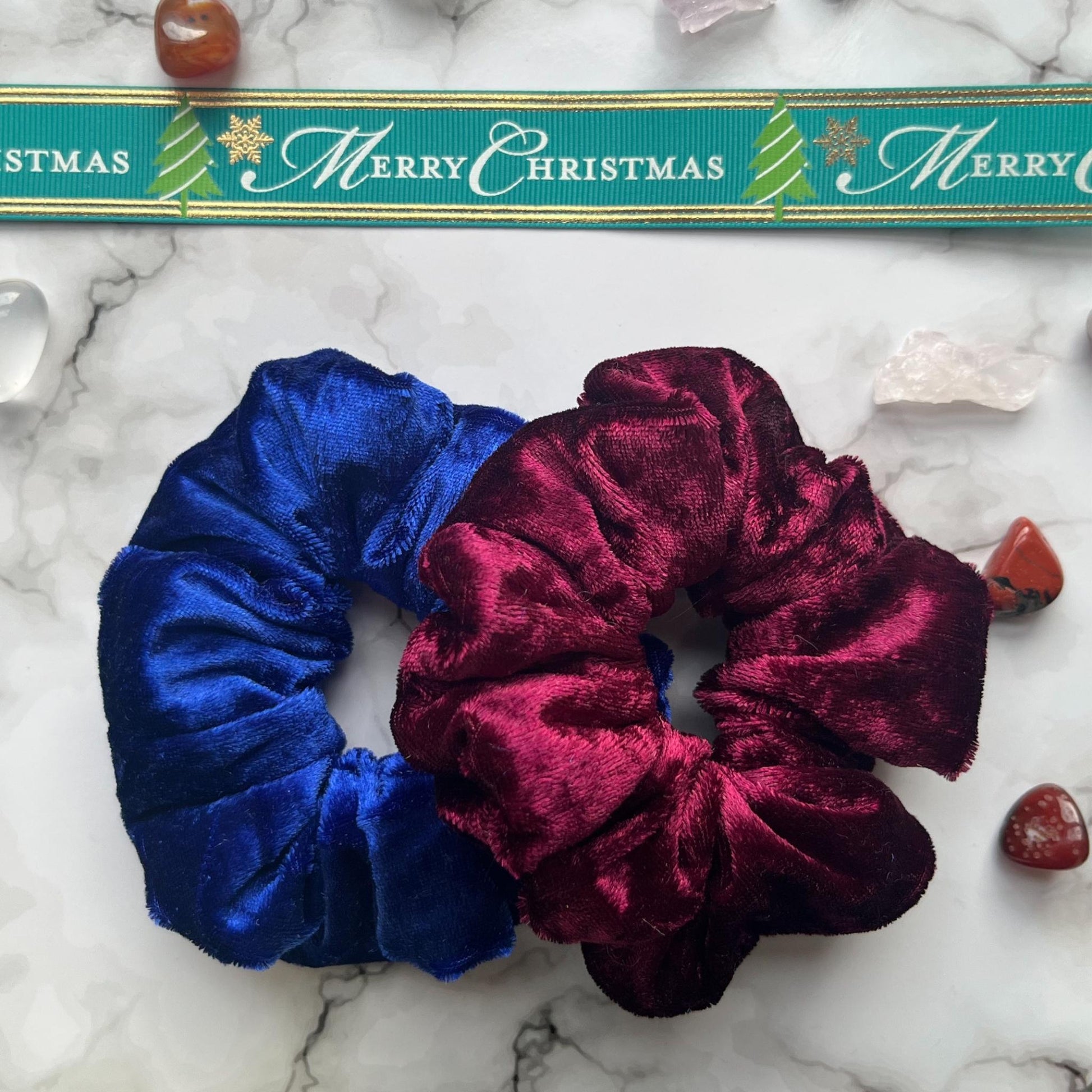 Styled overview of red and blue hair scrunchies velvet E for Eva