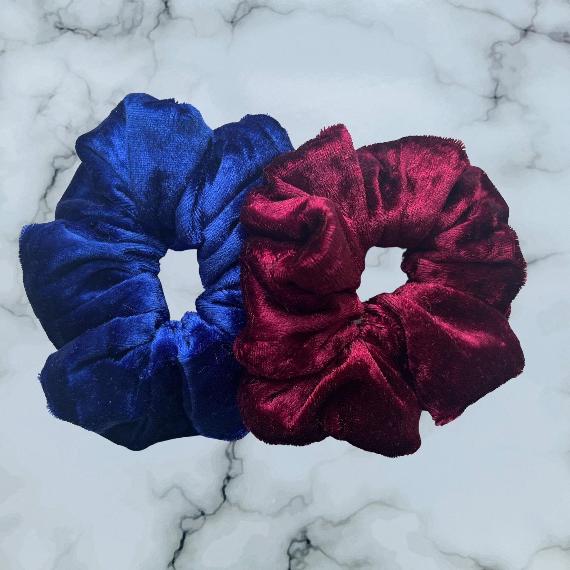 Overview of red and blue hair scrunchies Velvet E for Eva
