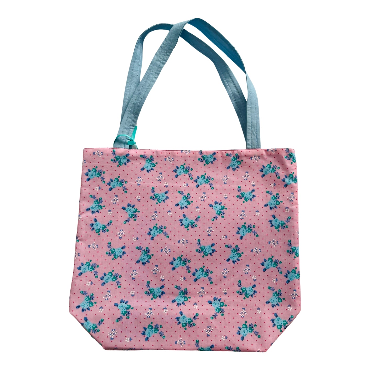 Flat view of pink and blue floral tote bag