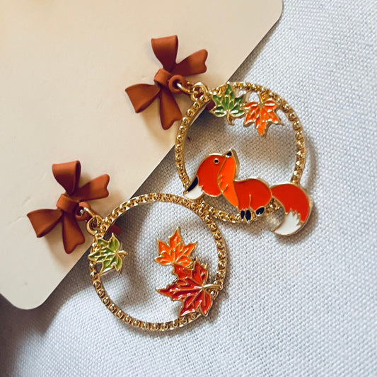 Autumnal fox and leaves dangle earrings
