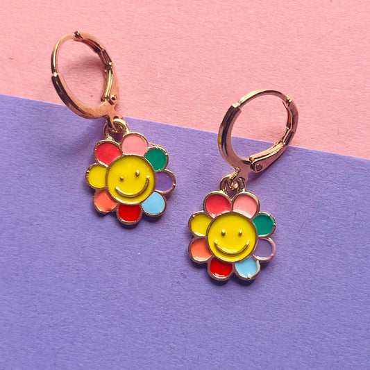 Smiley flower hoop sleeper earrings E for Eva