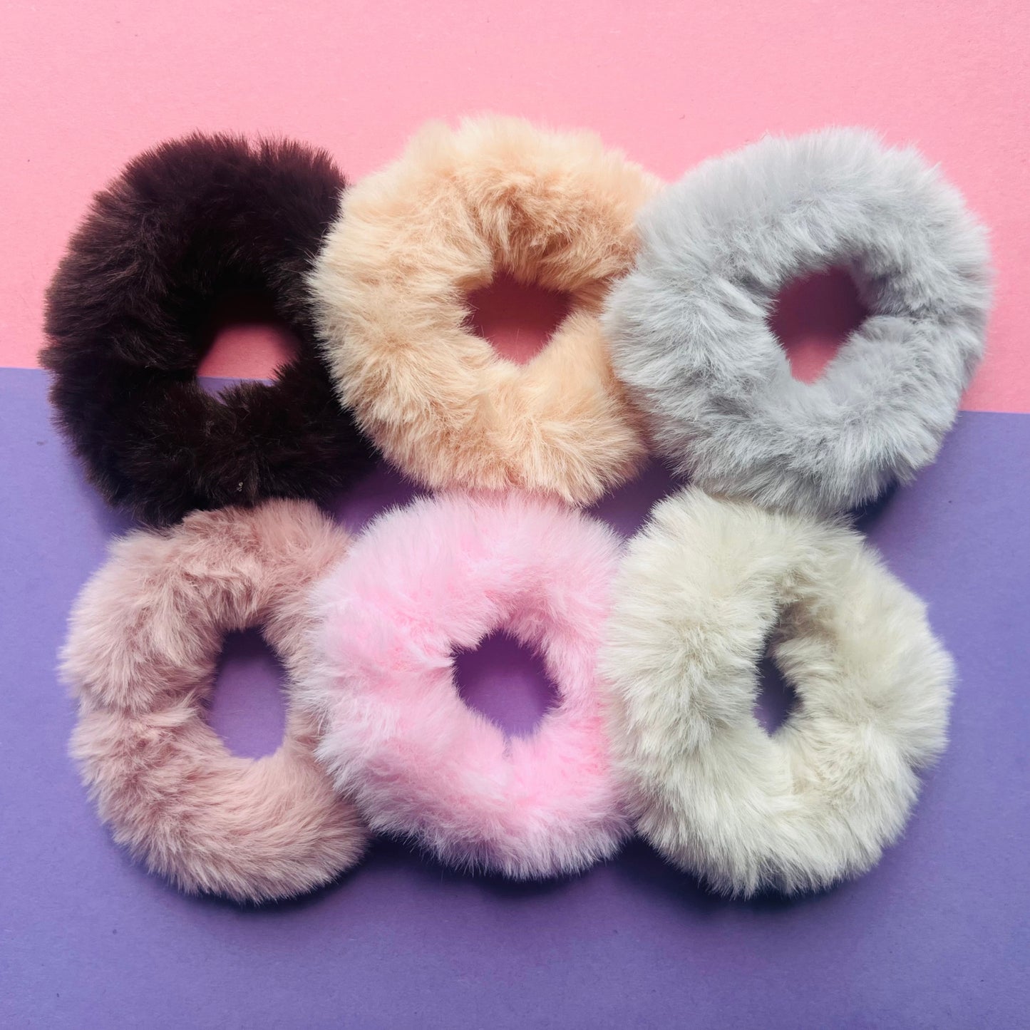 Overhead shot of fluffy fur scrunchies