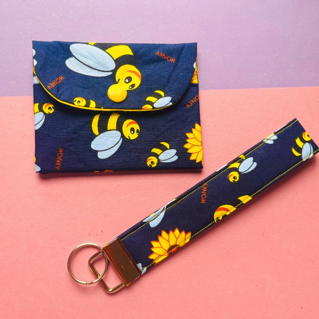 Matching bumblebee print purse and wristlet key fob set