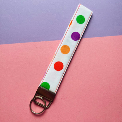 Matching multicoloured spot print purse and key fob wristlet