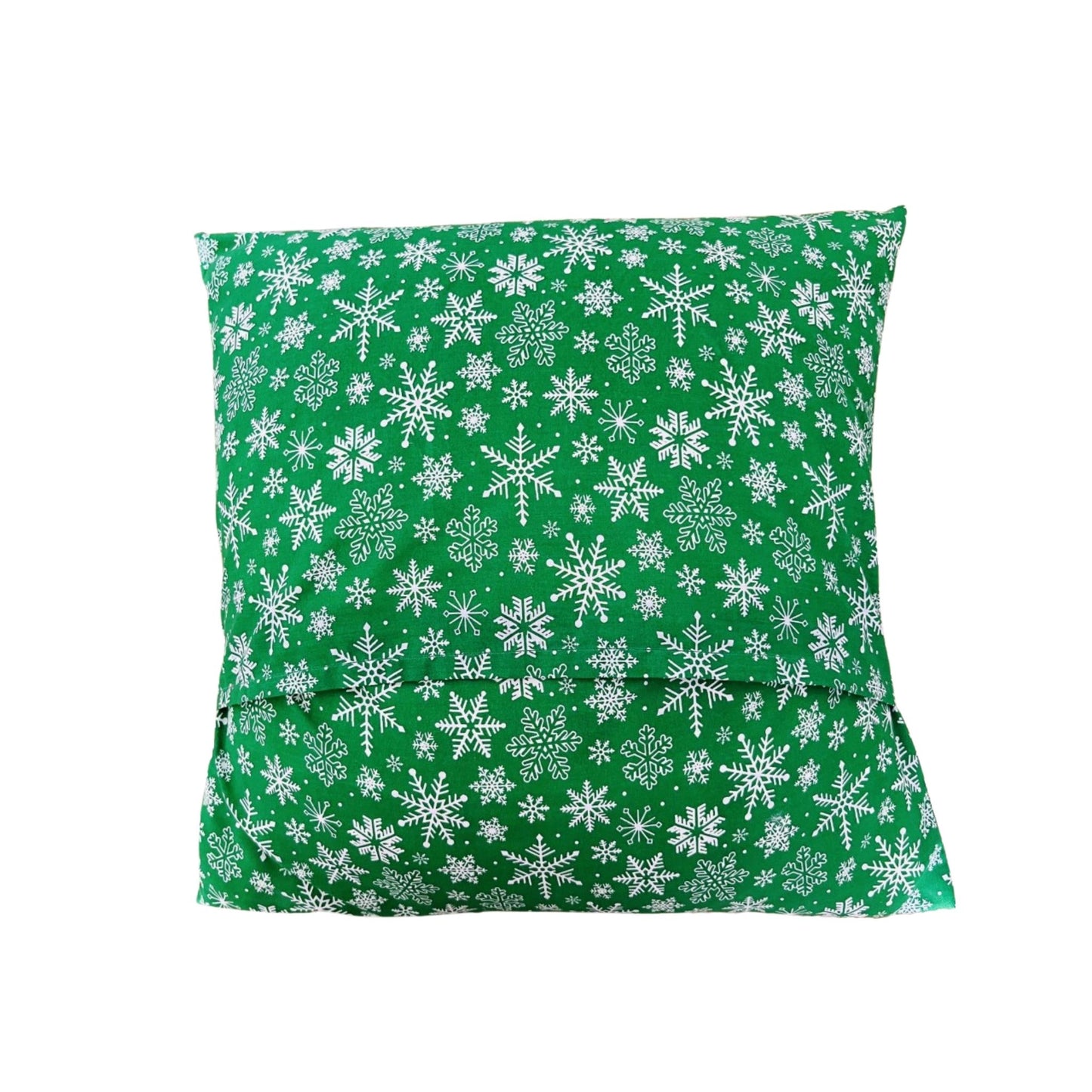 Back view of Christmas cushion green snowflake envelope E for Eva