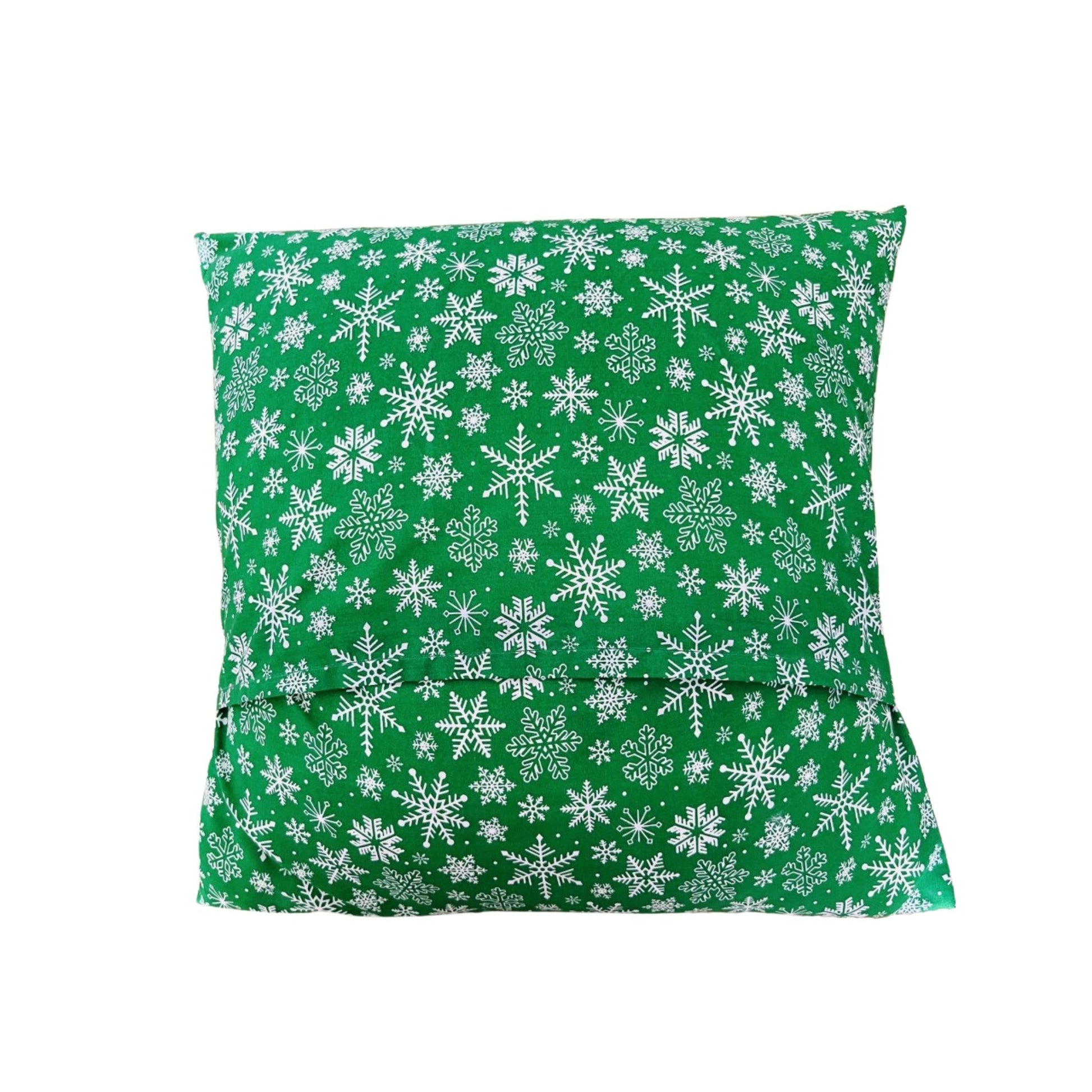 Back view of Christmas cushion green snowflake envelope E for Eva