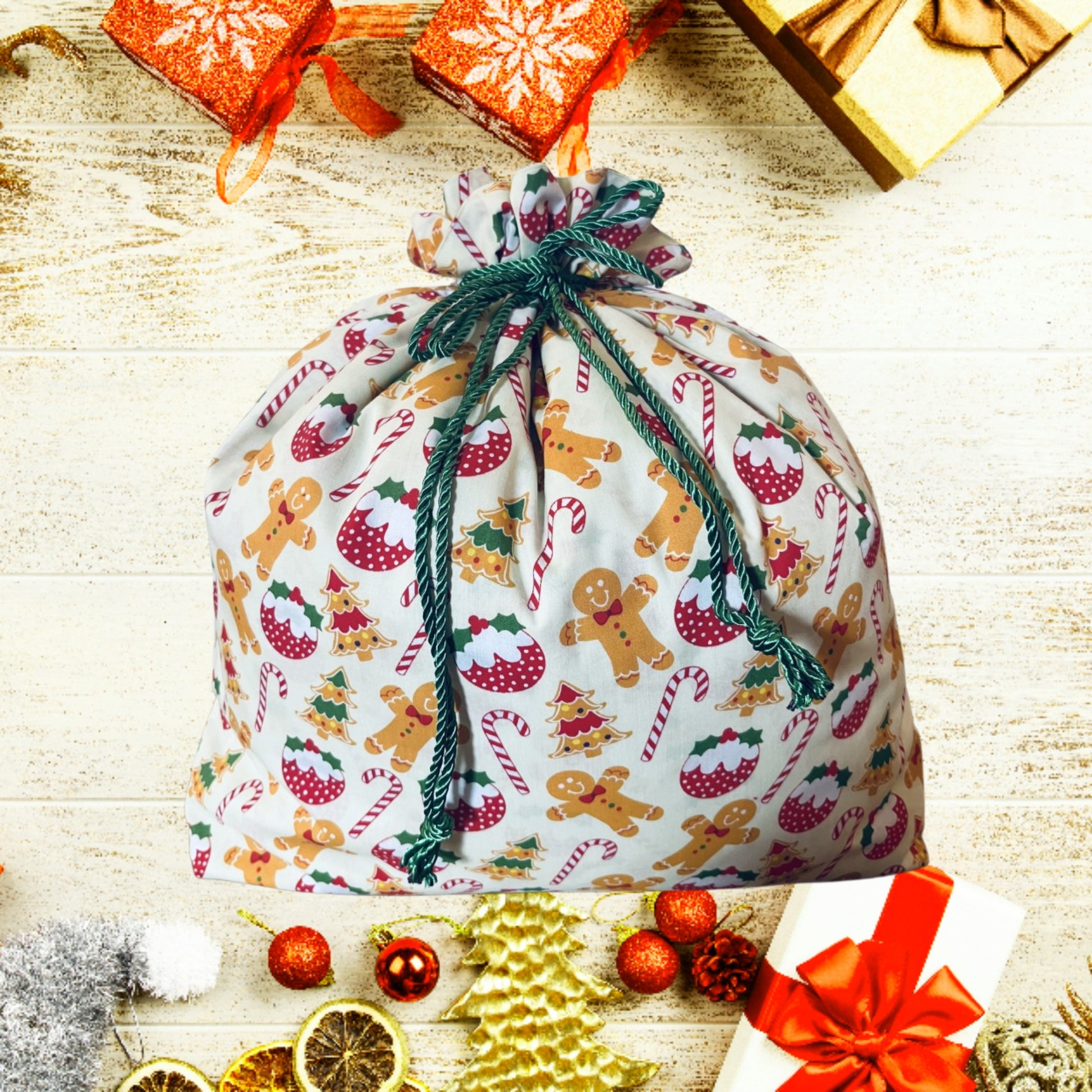 Styled view of gingerbread christmas drawstring gift sack E for Eva