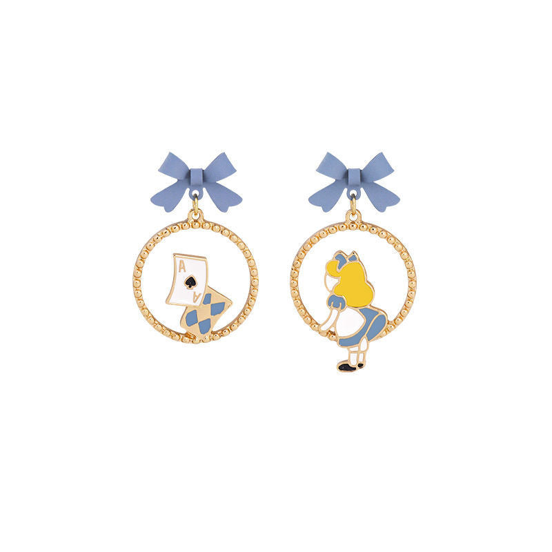 shot of alice in wonderland earrings drop studs E for Eva
