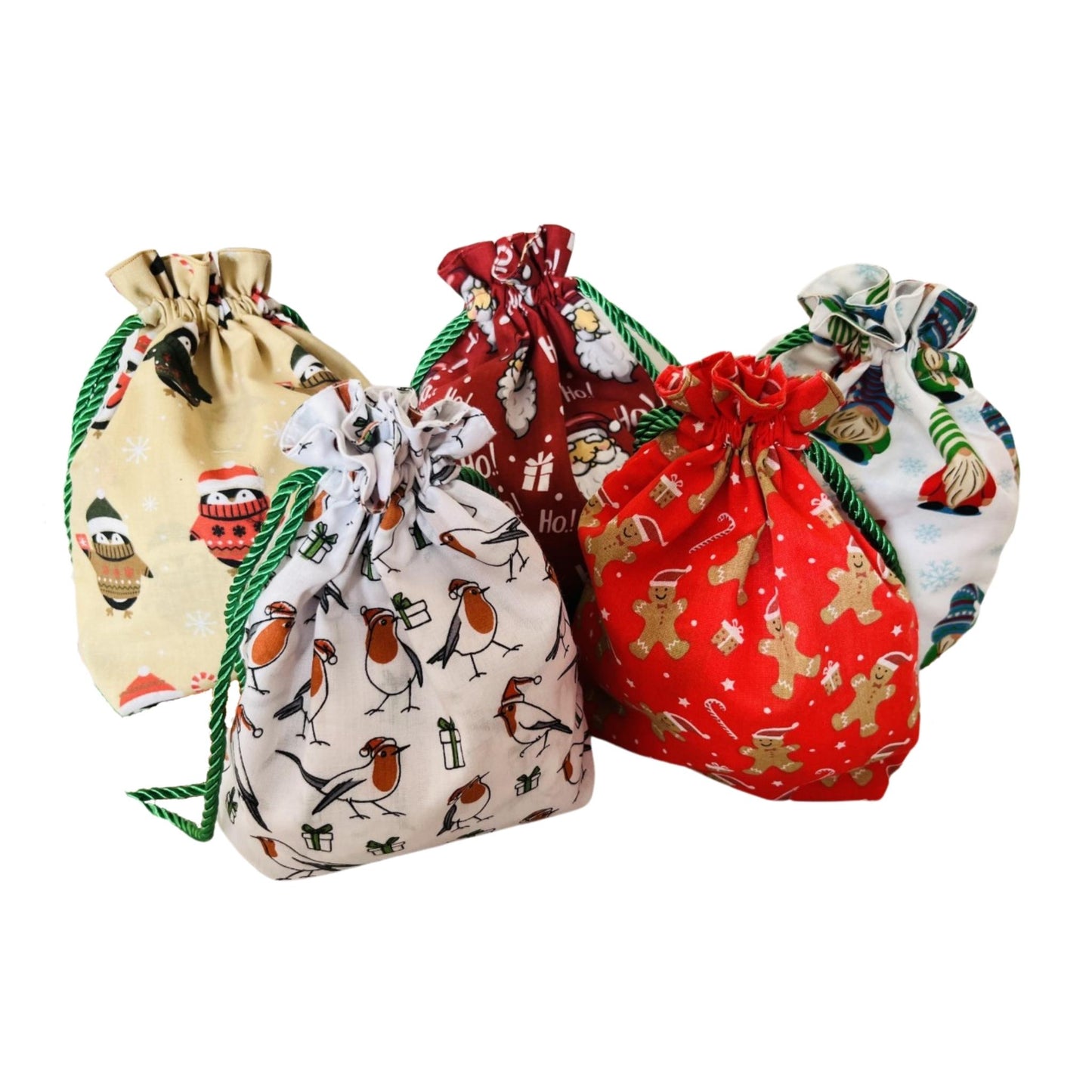 View of Christmas drawstring gift bags E for Eva