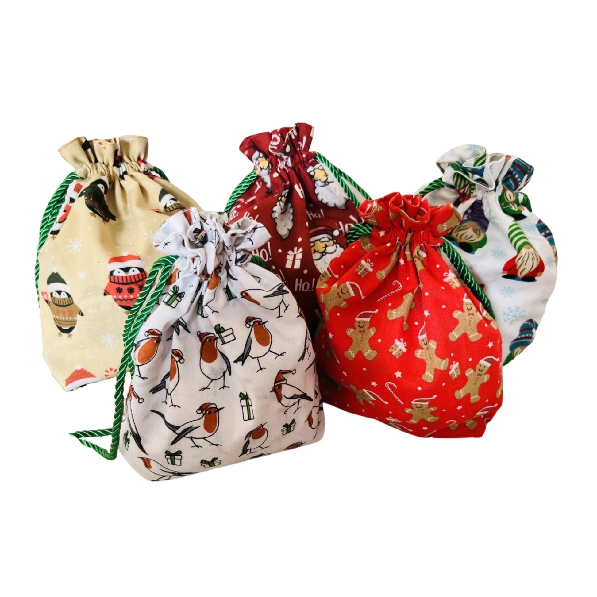 View of Christmas drawstring gift bags E for Eva