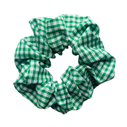 View of green gingham school hair scrunchie E for Eva