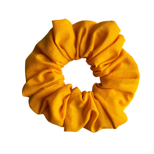 View of yellow cotton school hair scrunchie E for Eva