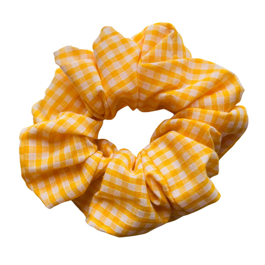 Close up of yellow gingham school hair scrunchie cotton E for Eva