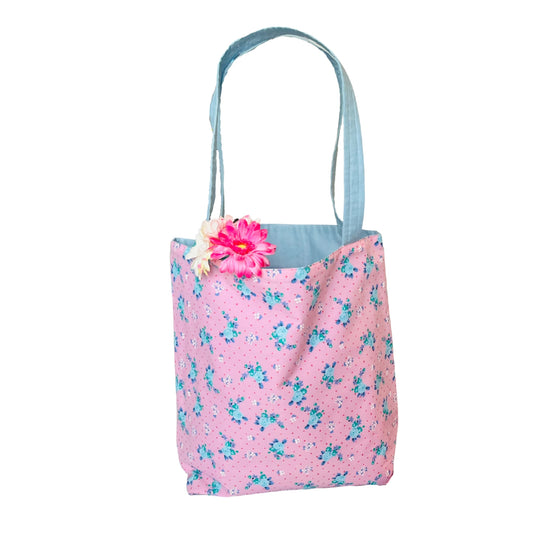 Styled shot of Pink and blue floral tote bag